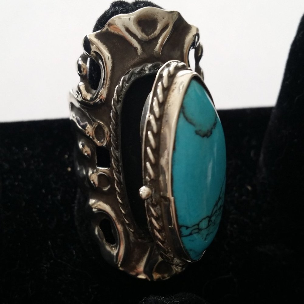 Taxco Mexico Silver Turquoise Pill Big Ring O/S
